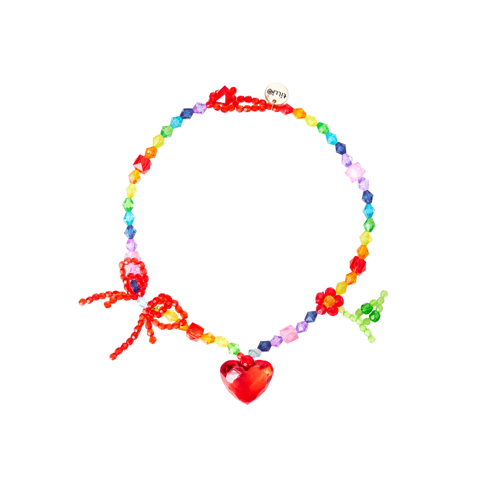 Rainbow beaded necklace with red heart pendant and bow detail.