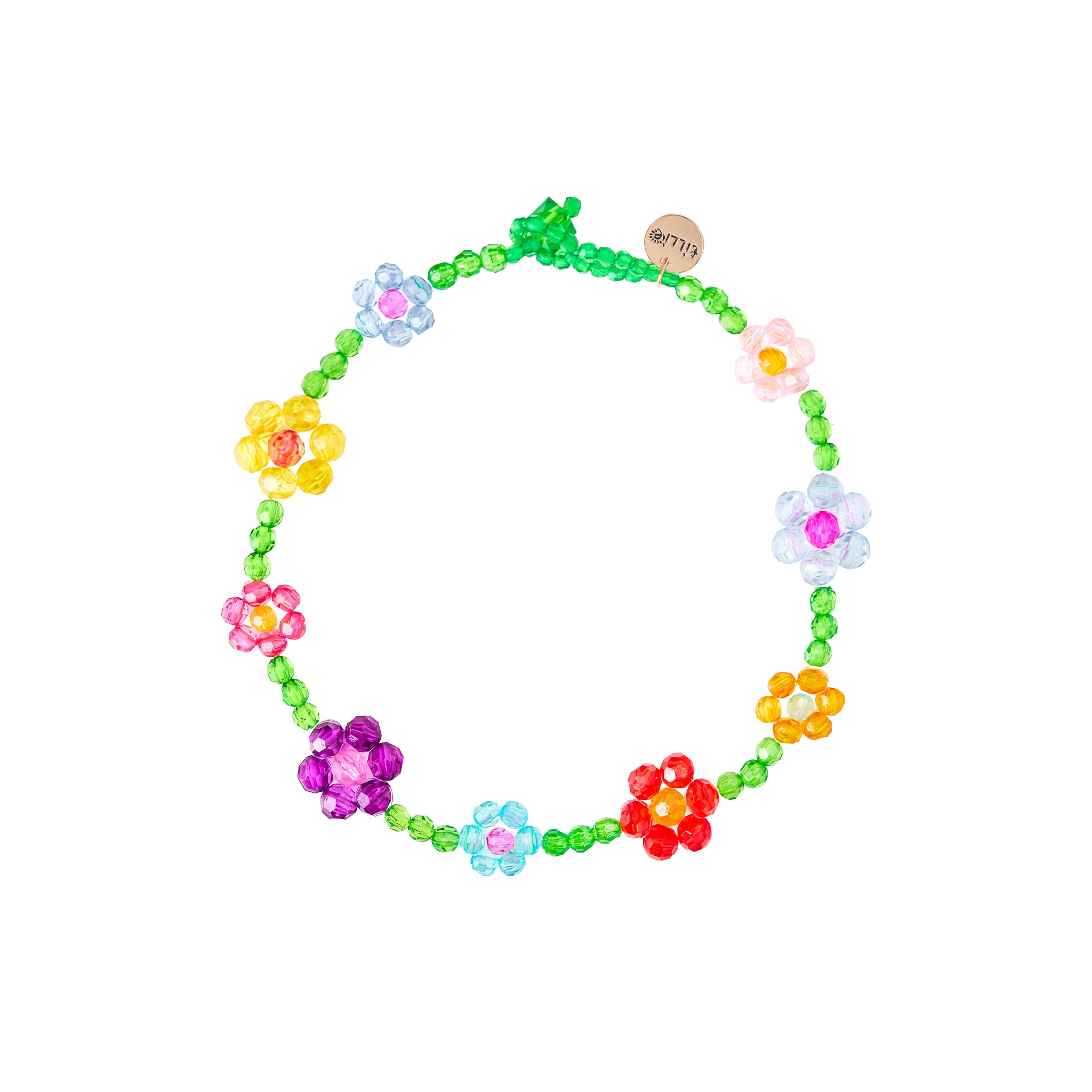 Romantic single strand floral beaded necklace with vibrant mini and large flower beads.