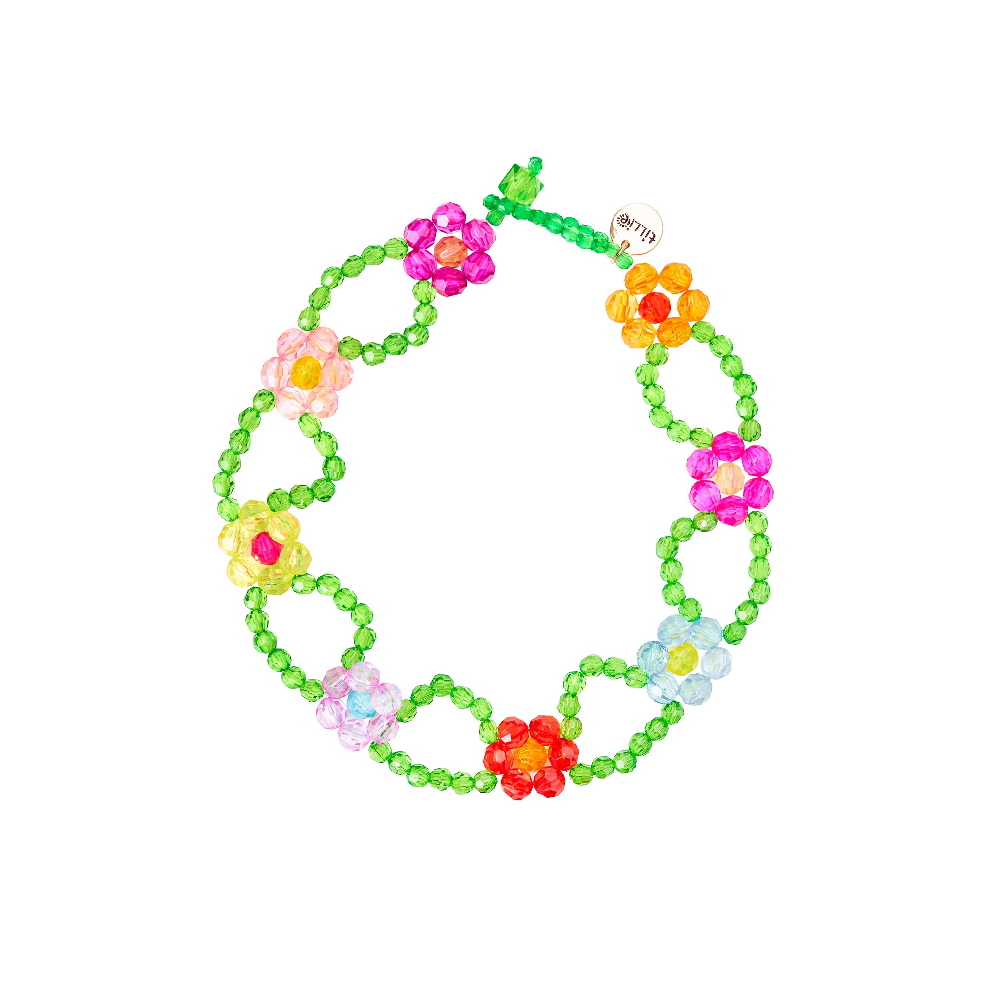 Double strand handmade green beaded necklace with vibrant flower beads, garden-inspired statement jewelry