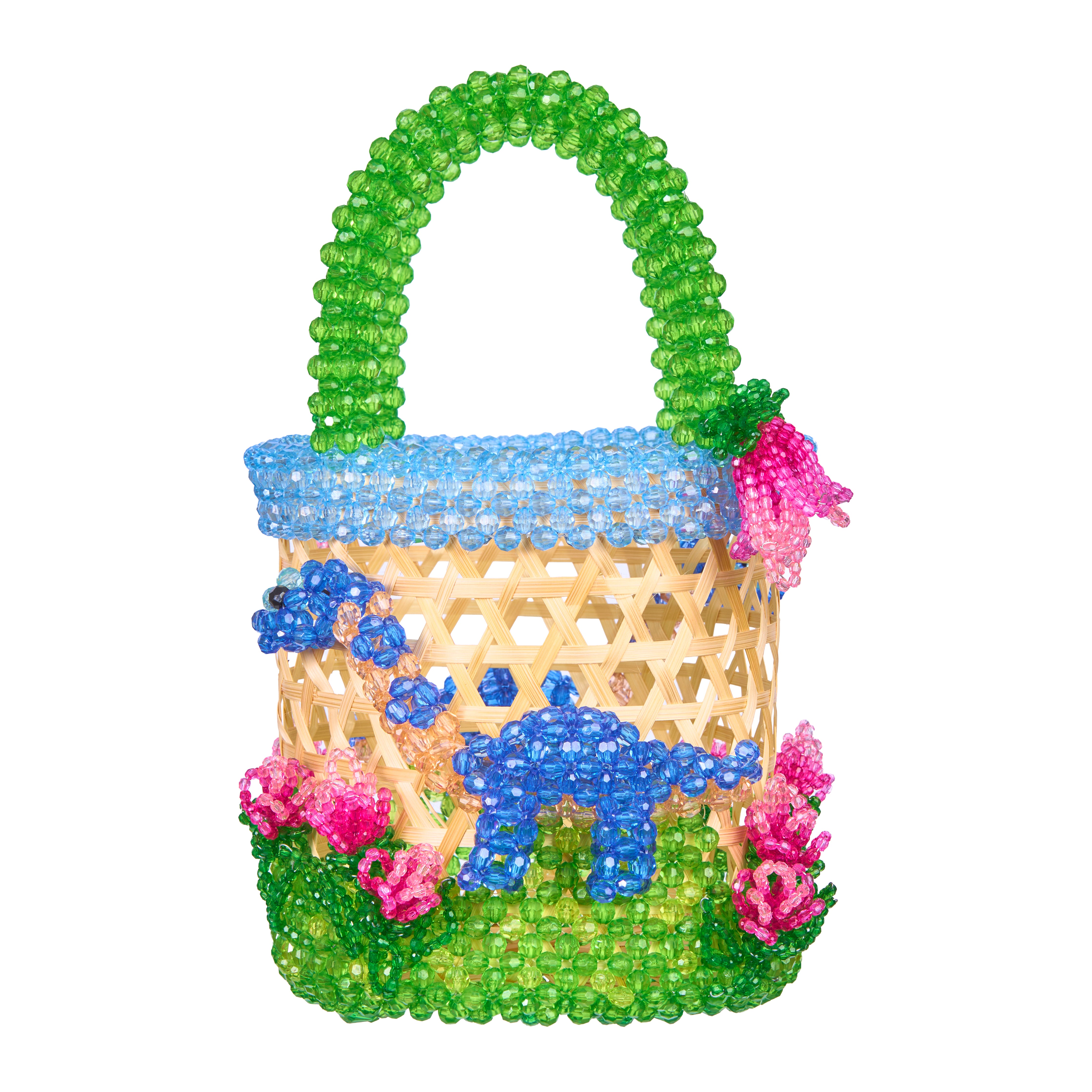 Dino Bloom Woven Bamboo Beaded Basket Bag