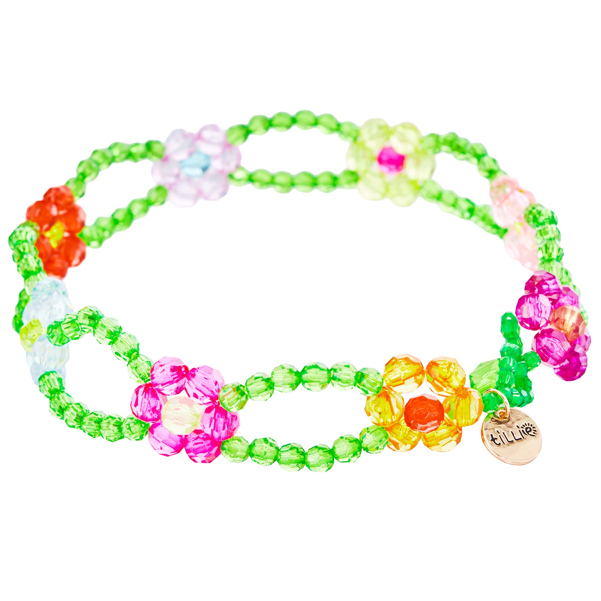 Double strand handmade green beaded necklace with vibrant flower beads, garden-inspired statement jewelry