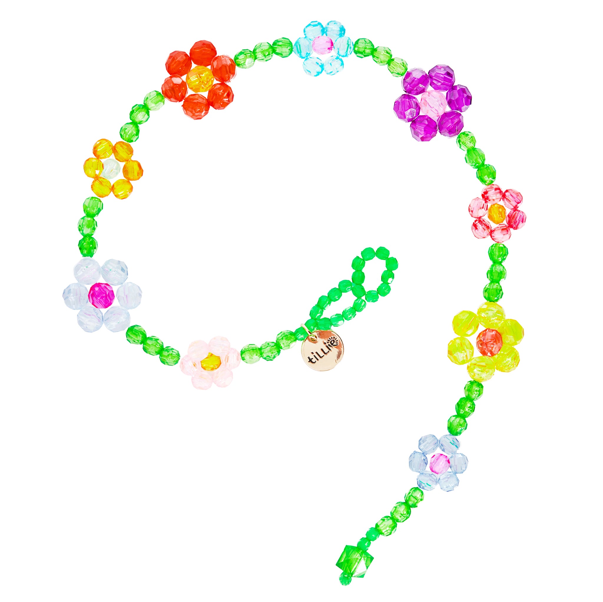 Playful floral beaded necklace with mini flowers and large vibrant beads, single strand handmade design.