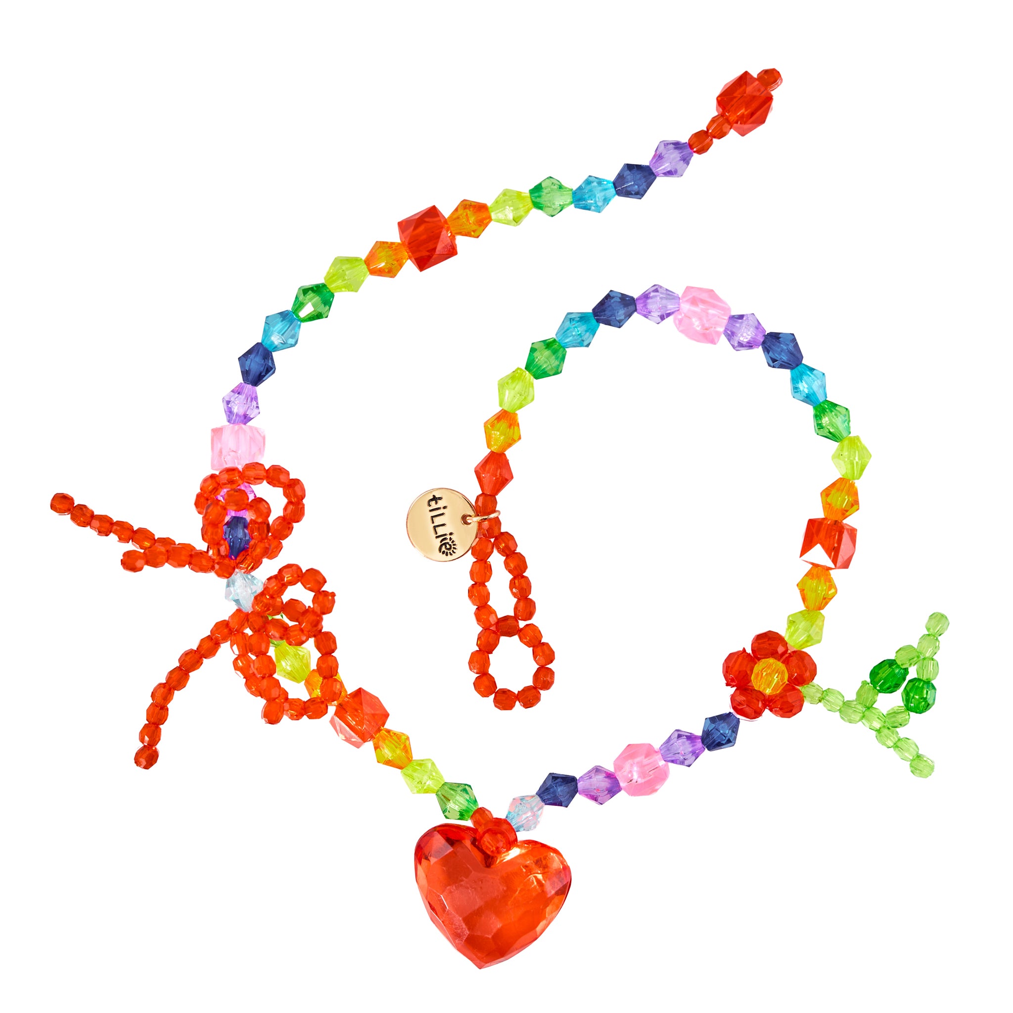 Rainbow beaded necklace with red heart pendant and bow detail.