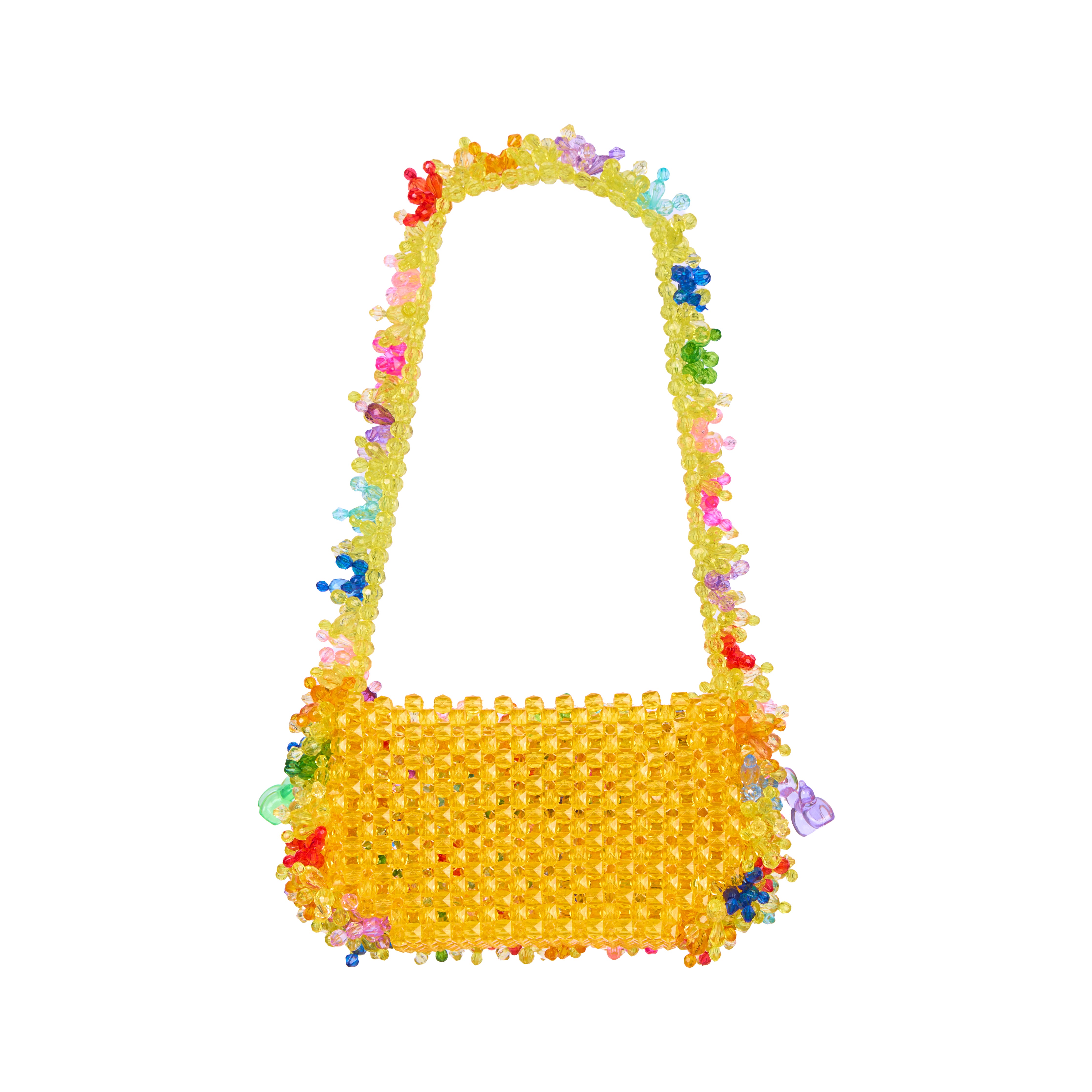 A handmade shoulder bag made of yellow translucent plastic beads, featuring a long strap decorated with colorful dangling beads and small multicolored flower charms, set against a plain white background.