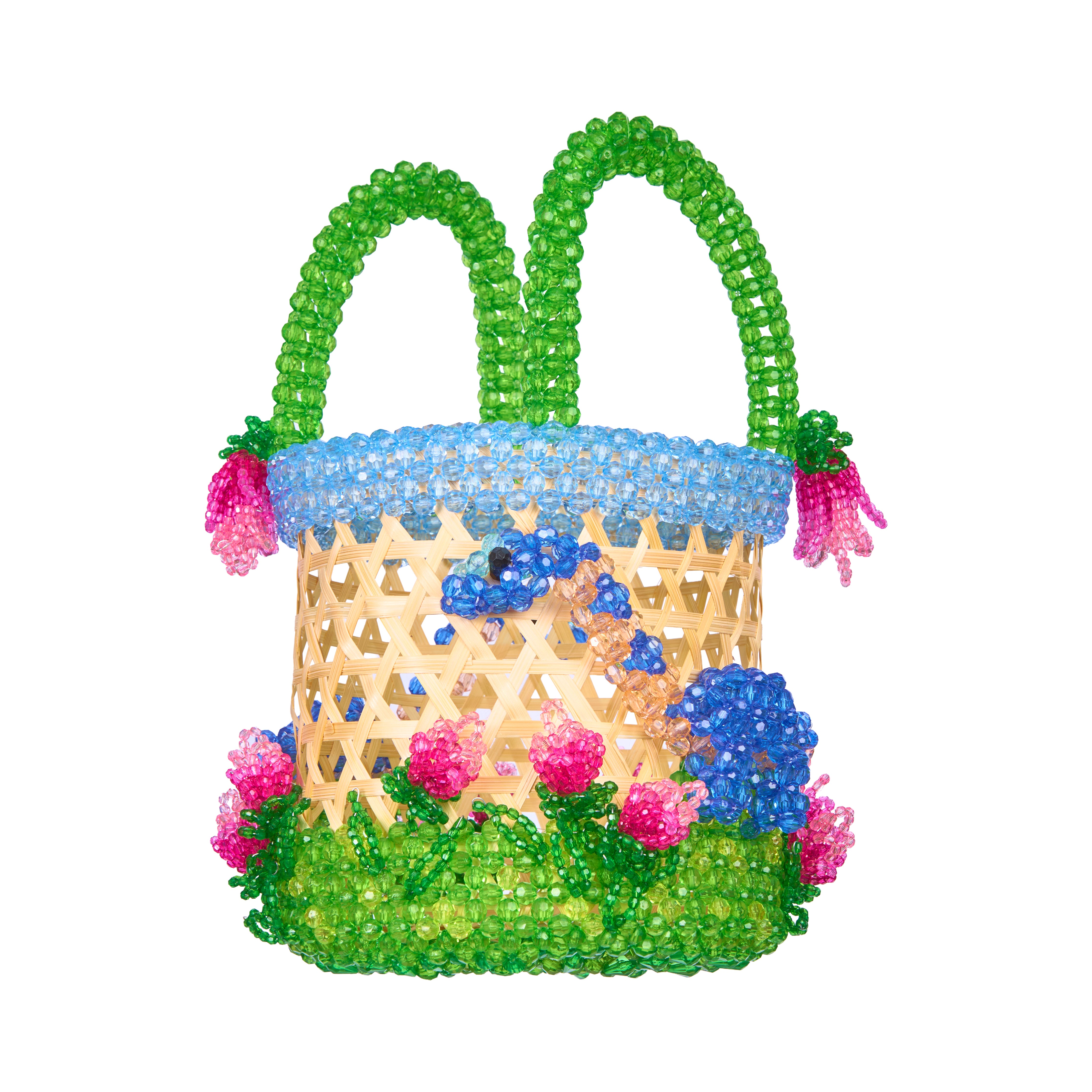 Dino Bloom Woven Bamboo Beaded Basket Bag