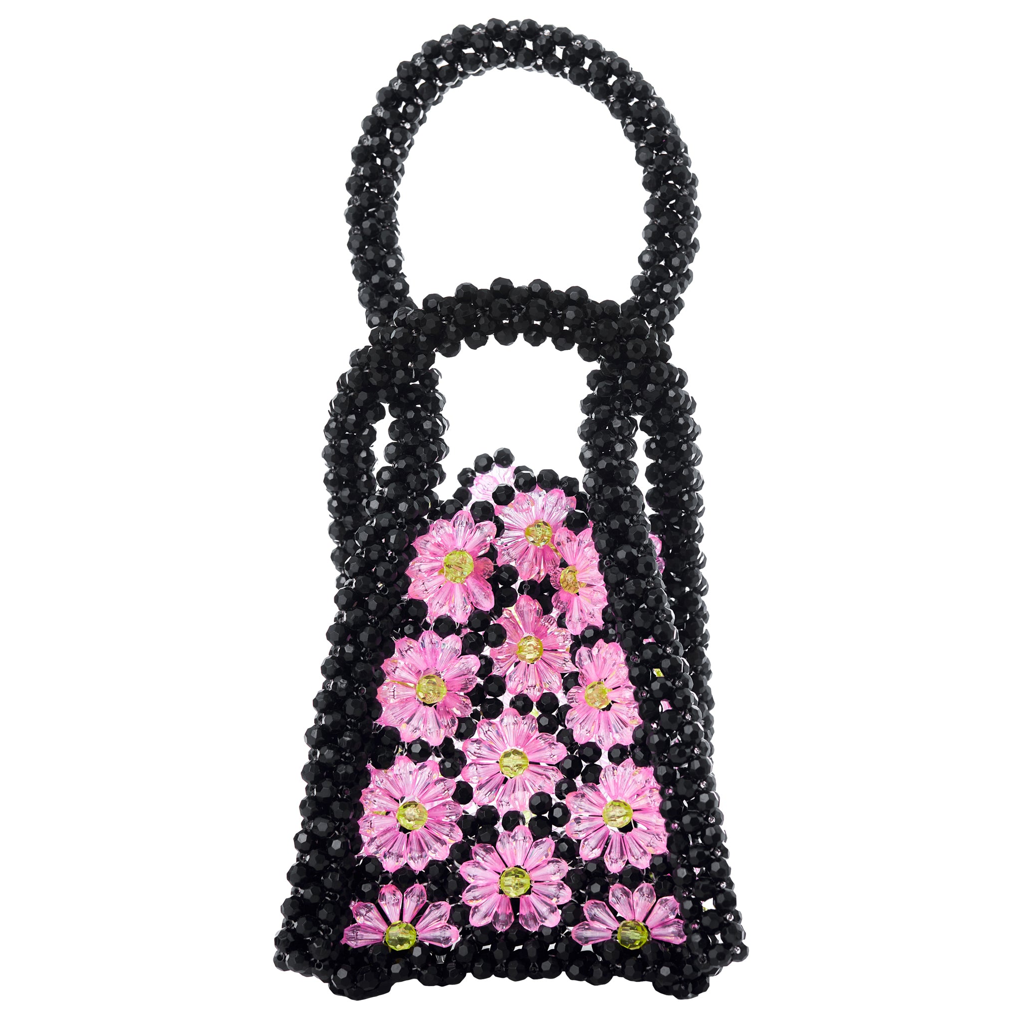 Black Beaded Bag with Vibrant Daisies