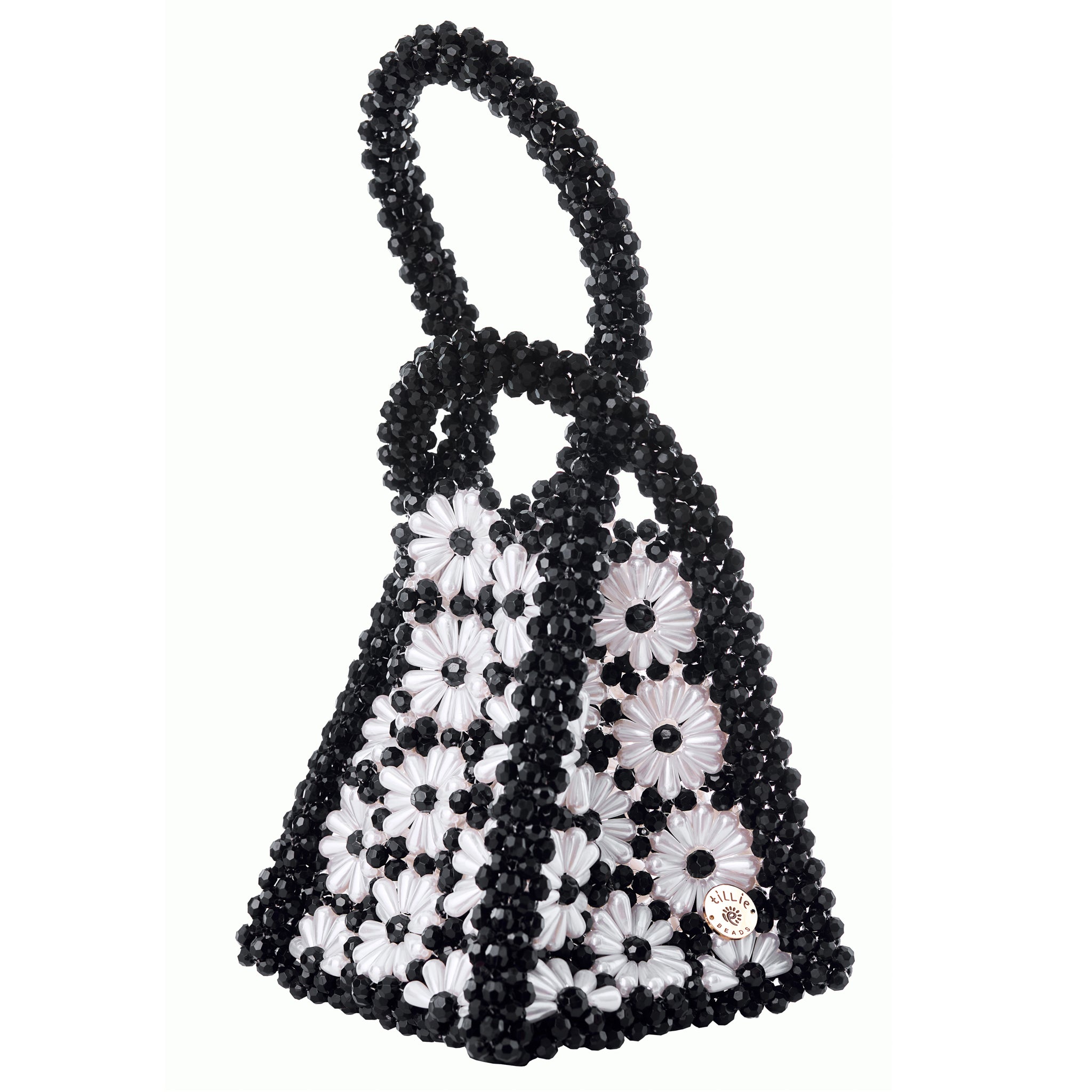 Black Beaded Bag with Vibrant Daisies
