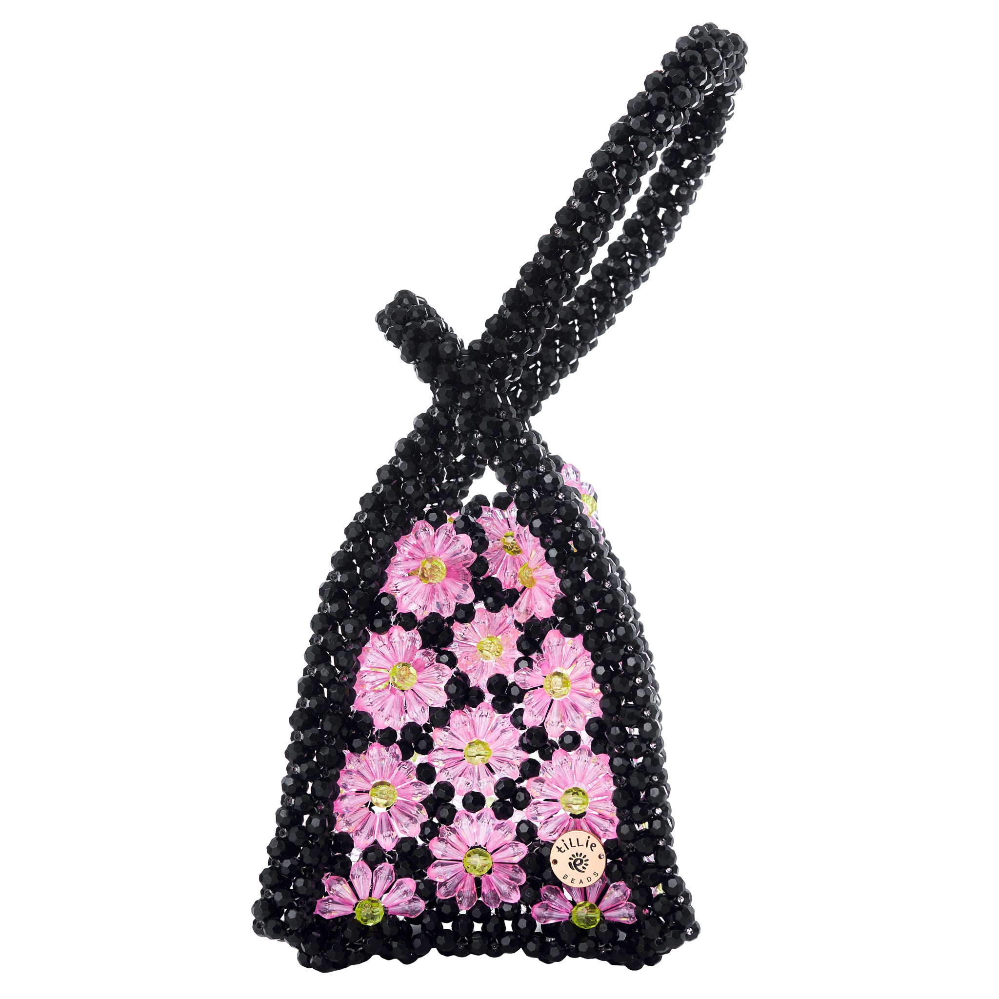 Black Beaded Bag with Vibrant Daisies