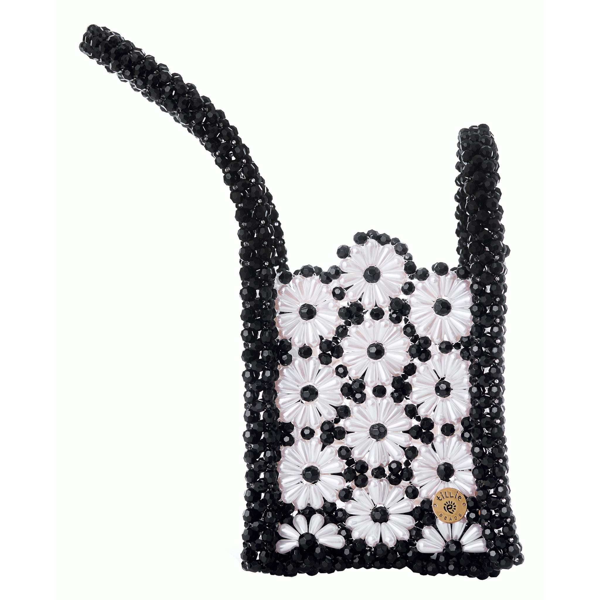 Black Beaded Bag with Vibrant Daisies