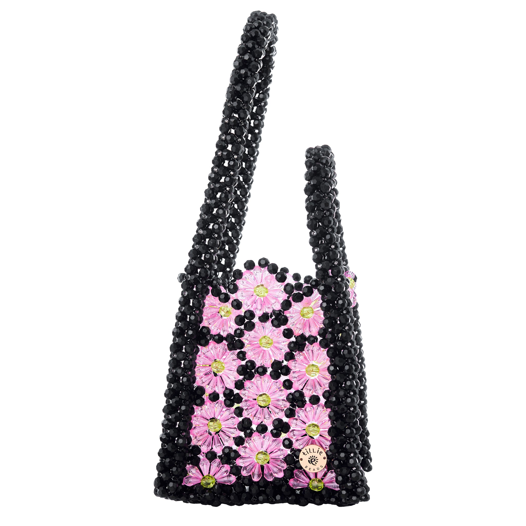 Black Beaded Bag with Vibrant Daisies