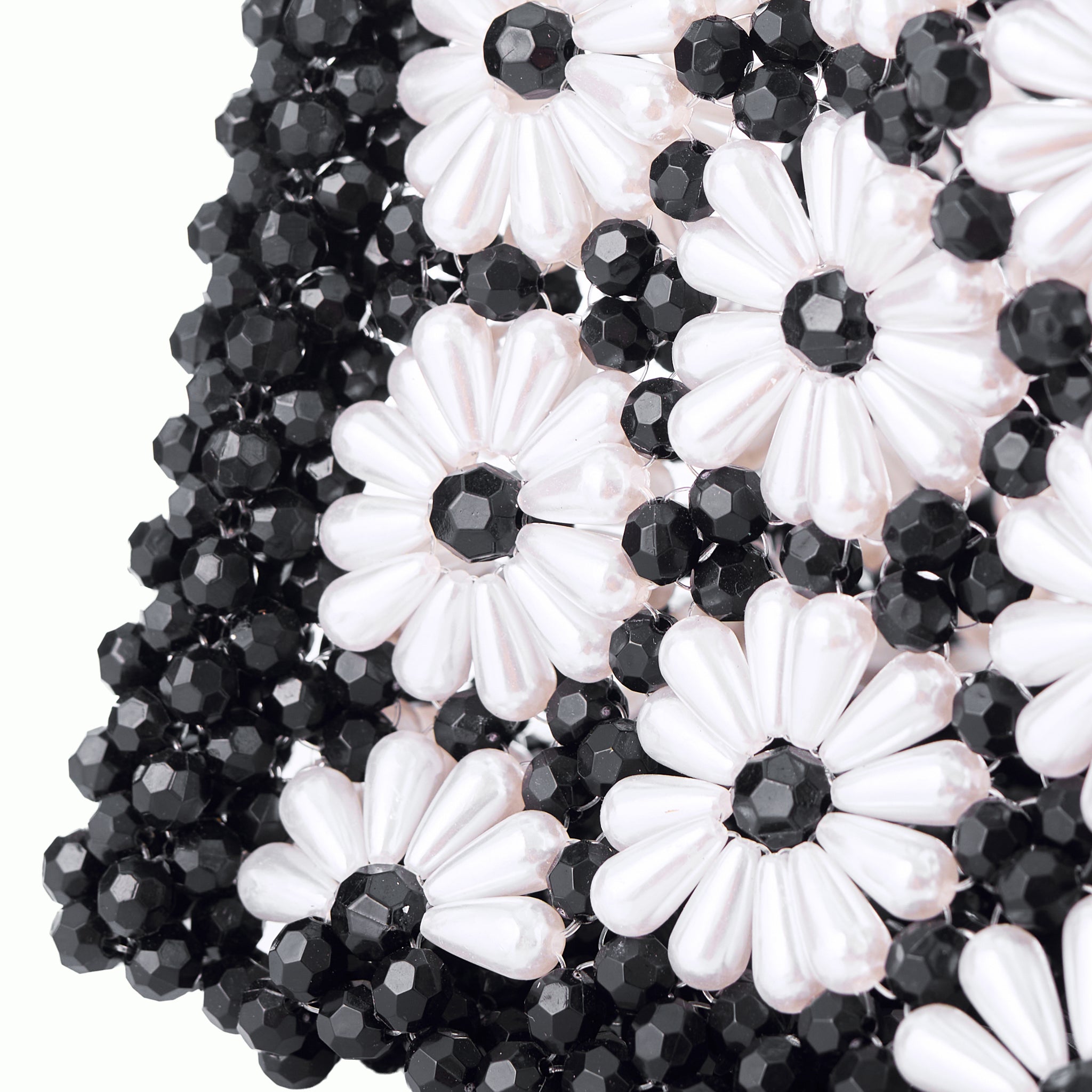 Black Beaded Bag with Vibrant Daisies