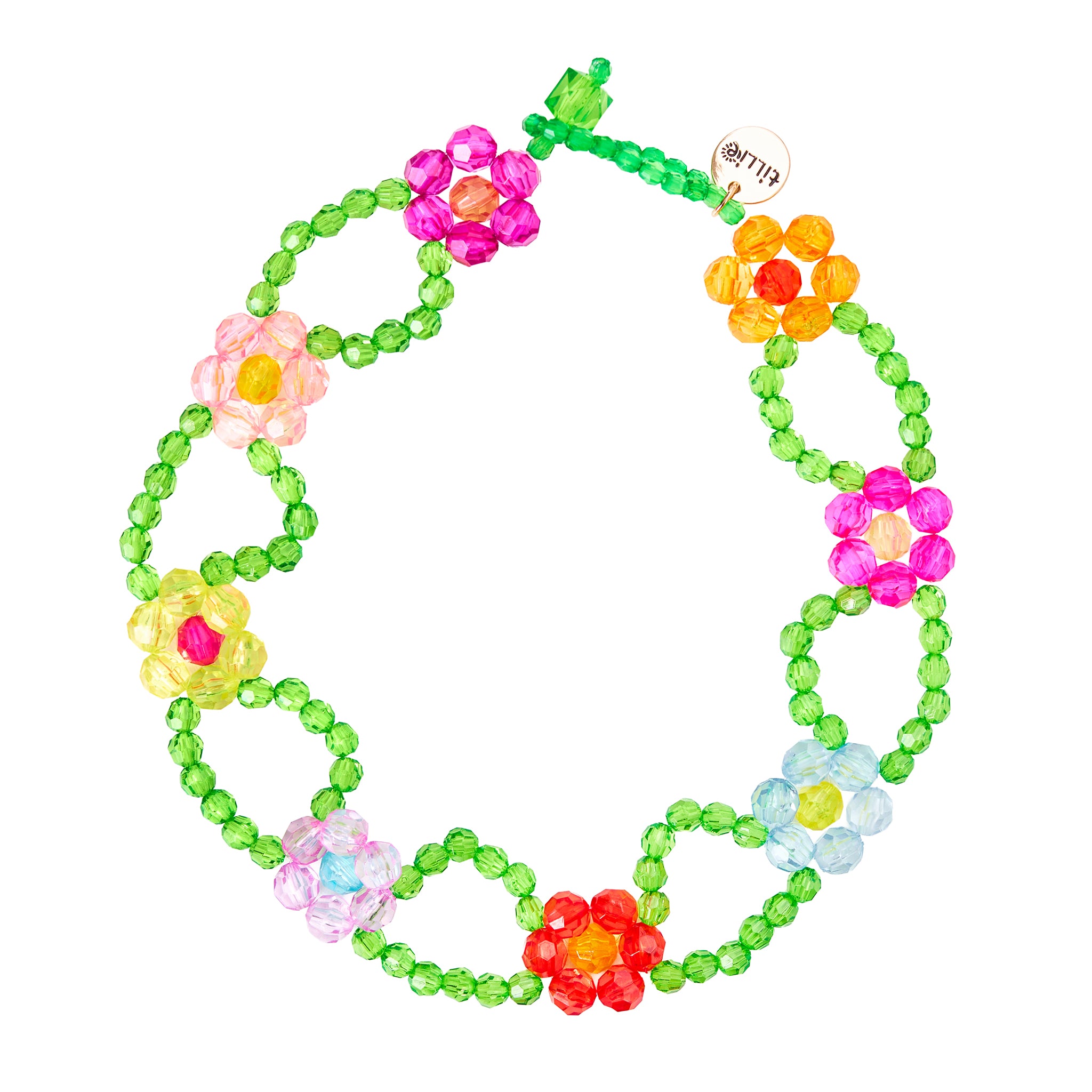 Double strand handmade green beaded necklace with vibrant flower beads, garden-inspired statement jewelry