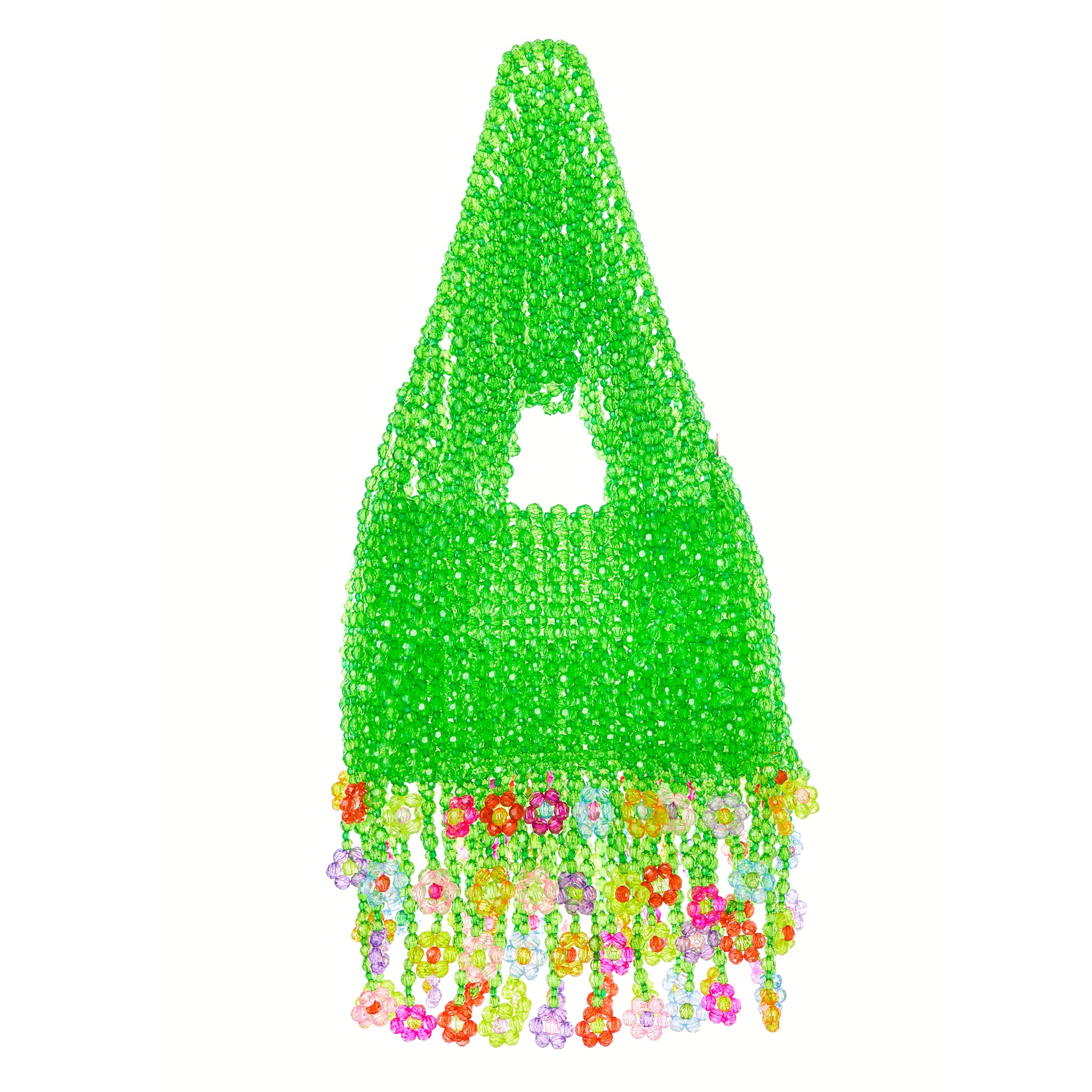 Fresh Green Beaded Bag with Colorful Flower Fringe