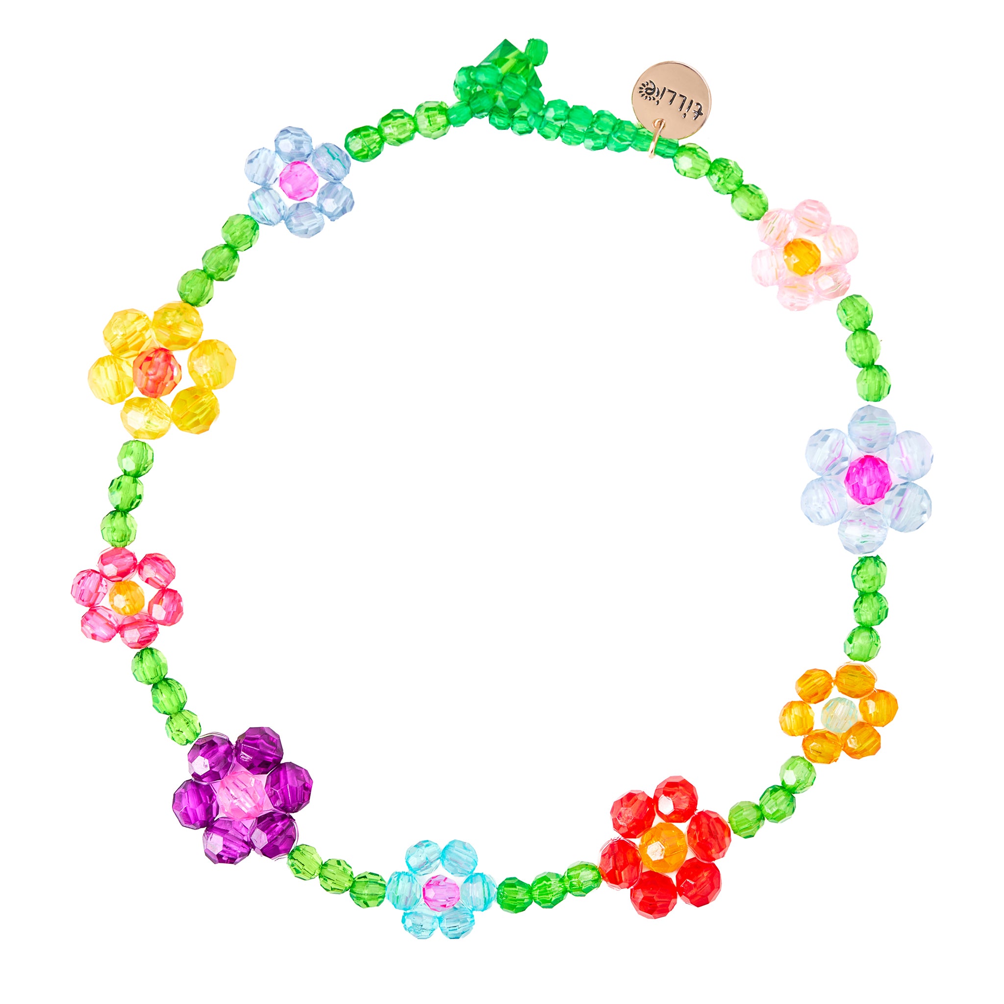 Romantic single strand floral beaded necklace with vibrant mini and large flower beads.