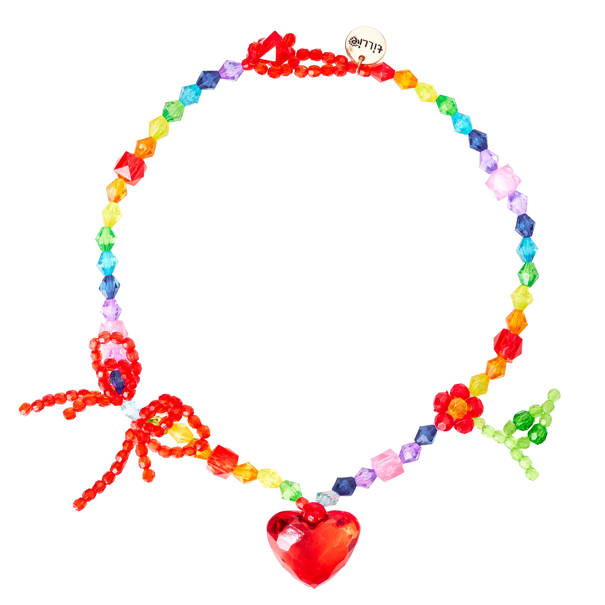 Rainbow beaded necklace with red heart pendant and bow detail.