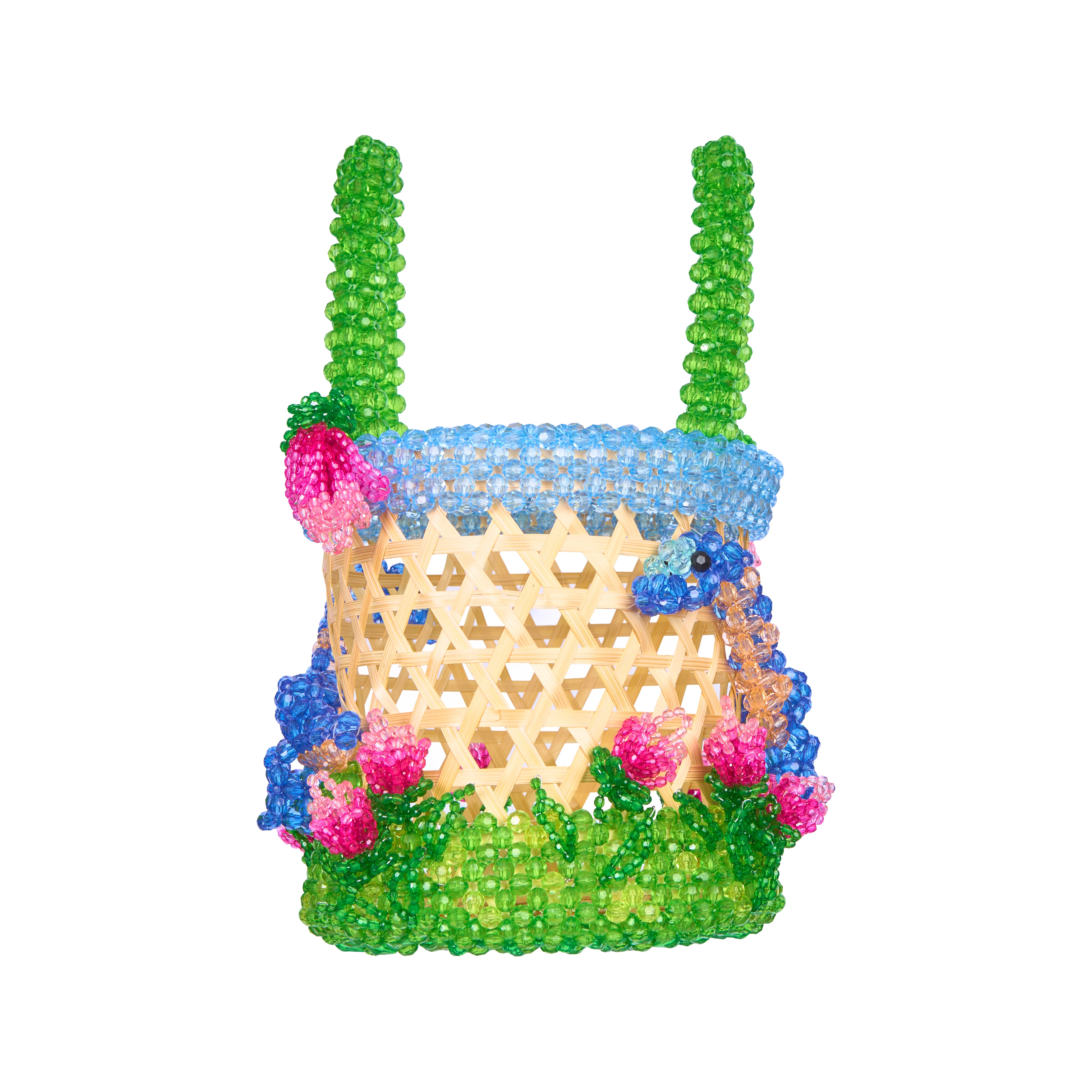 Dino Bloom Woven Bamboo Beaded Basket Bag