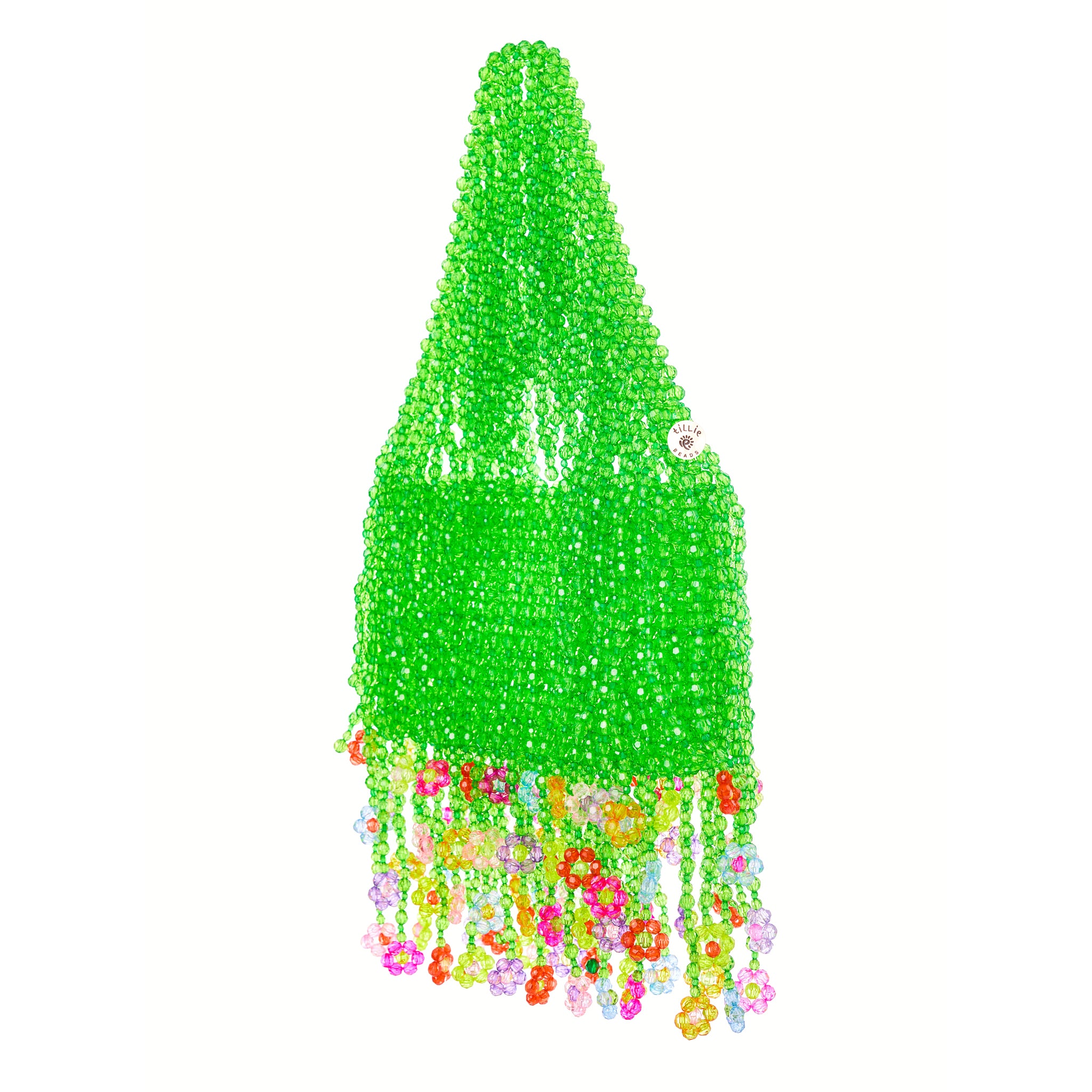 Fresh Green Beaded Bag with Colorful Flower Fringe