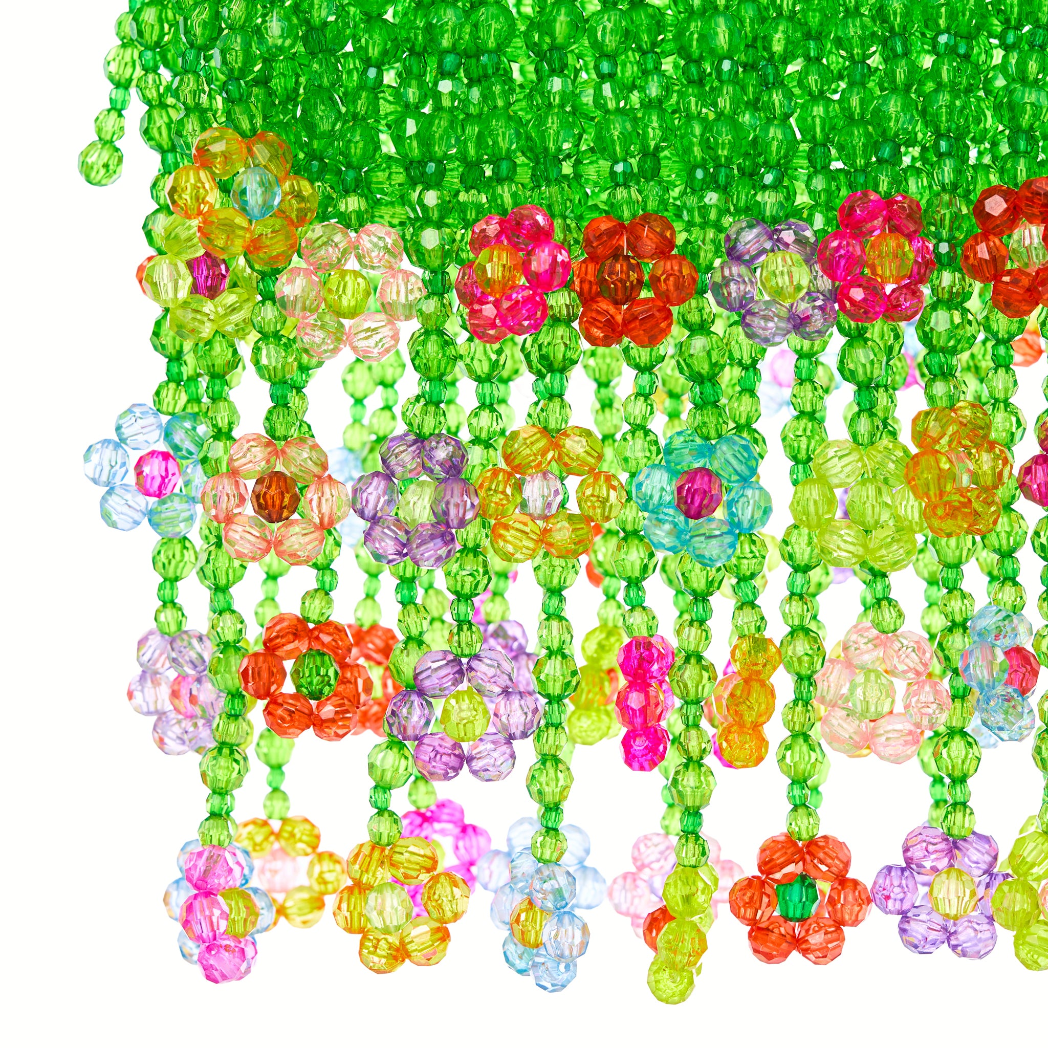 Grass Green Beaded Bag with Colorful Flower Fringe