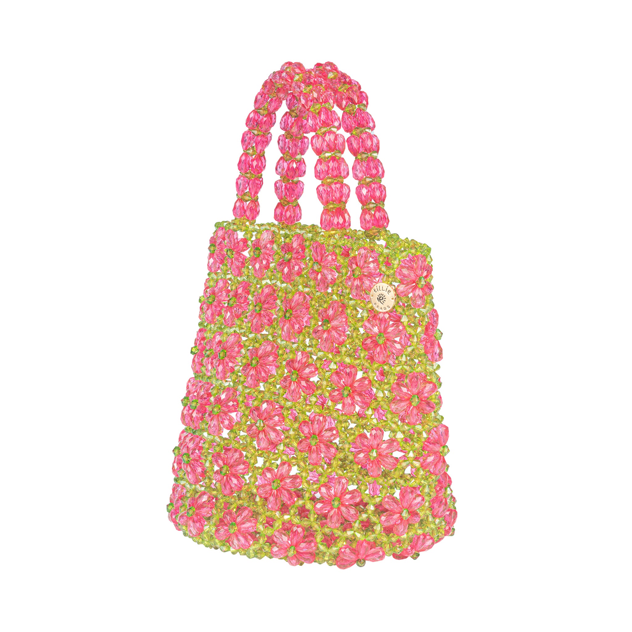 Green Beaded Tote Bag with Pink Daisy Design Beaded Handbag Purse with Beads Bead Bag