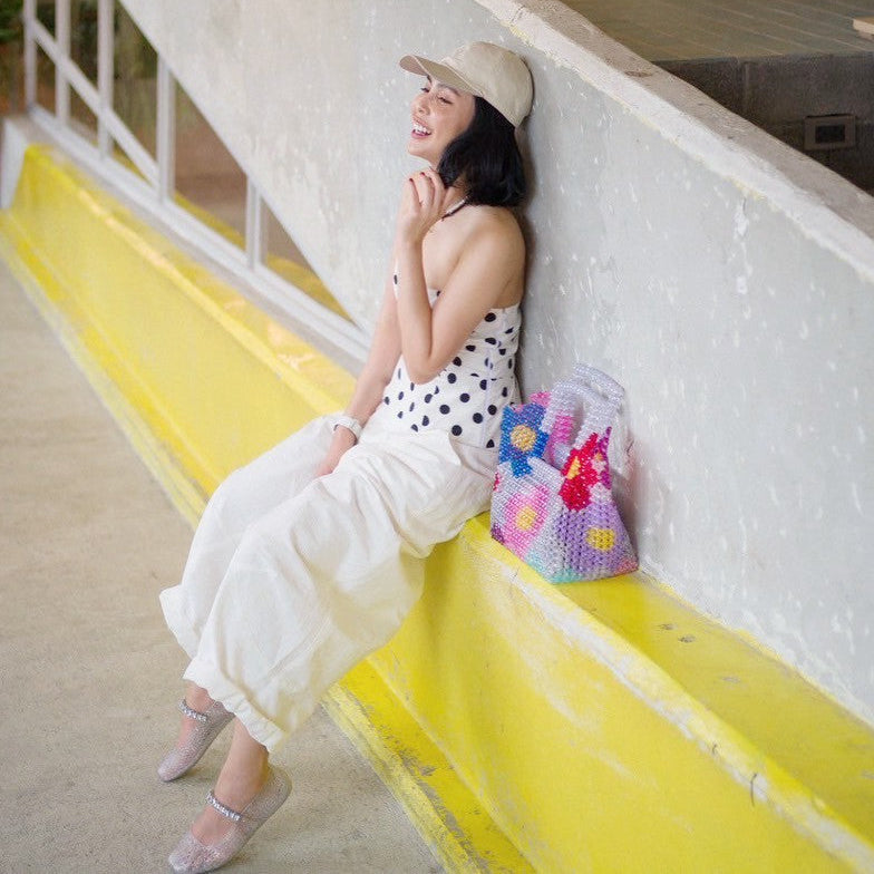 Handmade daisy beaded tote bag with multicolor or black & white floral beads. Spacious lightweight handbag for summer, beach, groceries, or everyday style.