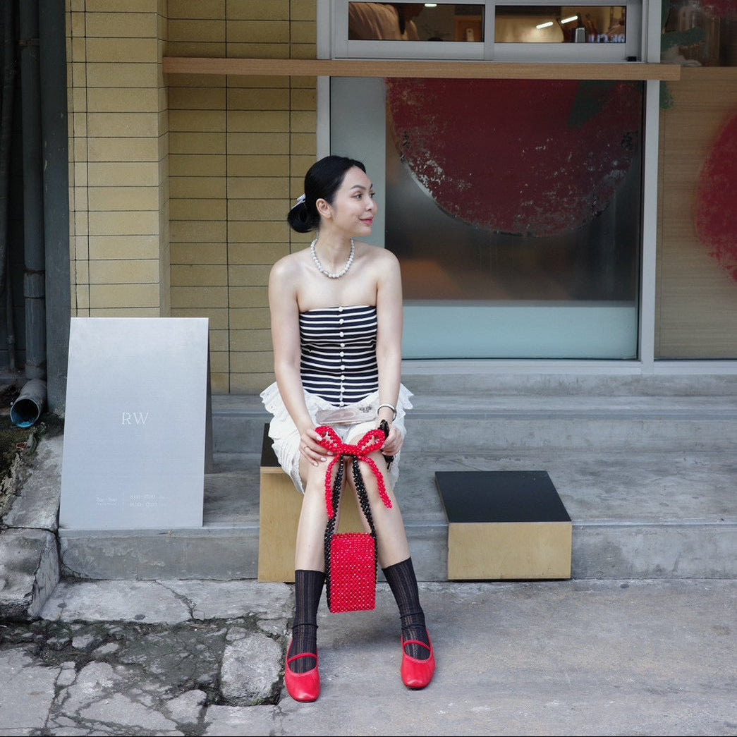 Tillie Beads Red ribbon Beaded Bag