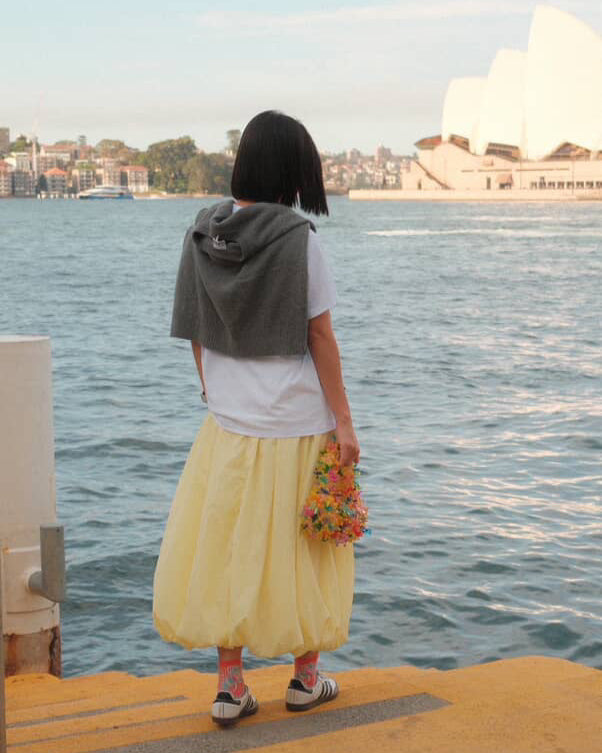 Tillie Beads in Sydney with rainbow fluffy beaded bag
